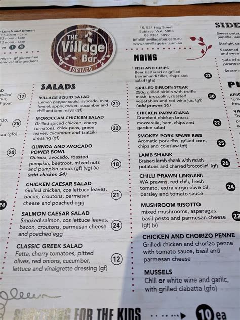 the village bar subiaco|village bar menu.